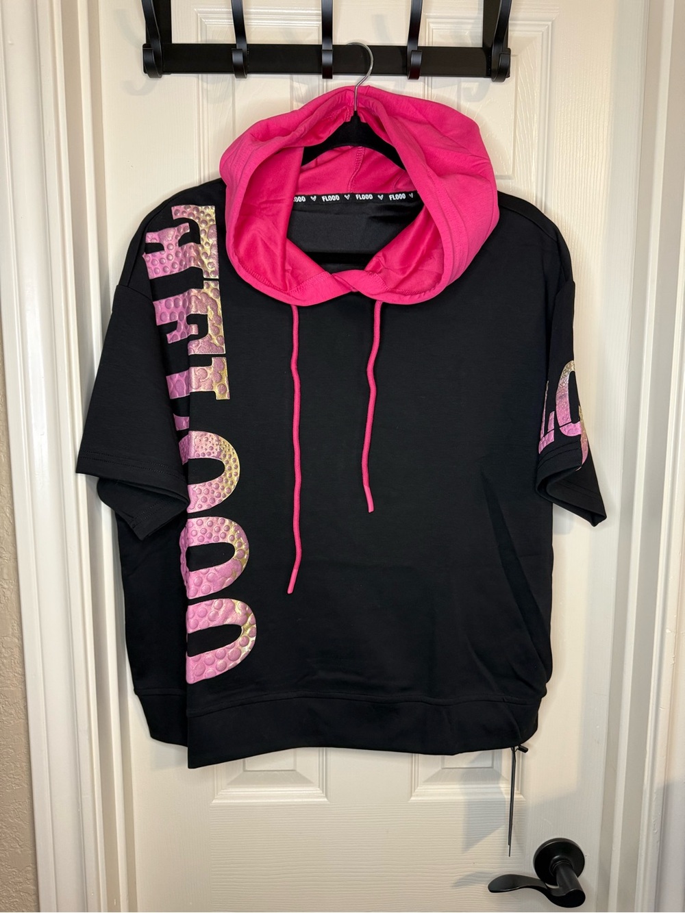 Flooo Black Short-Sleeve Hoodie and Shorts with Pink Lined Hood and Pink Logo